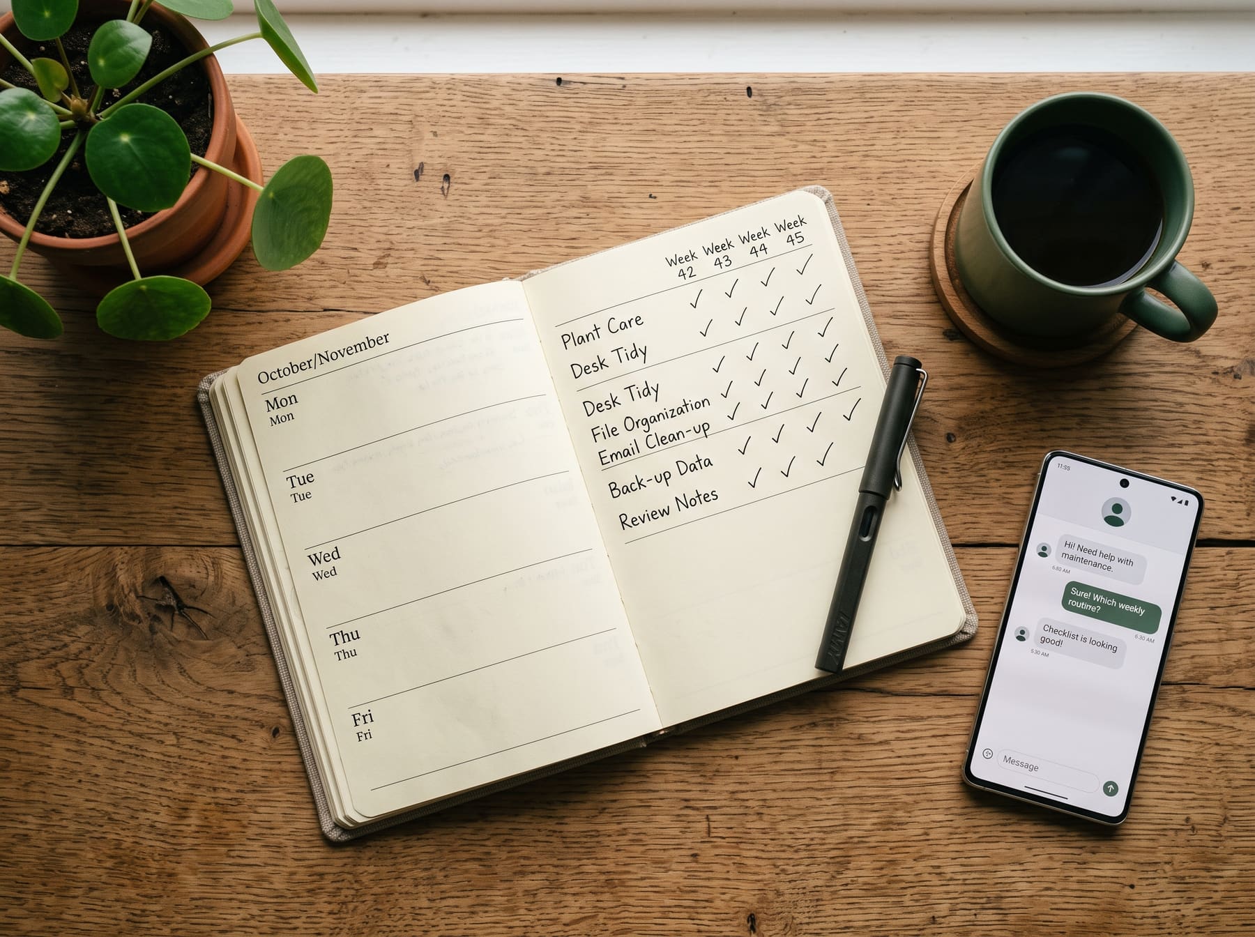 Checklist de mantenimiento recurrente y una conversación de soporte, vistos desde arriba.