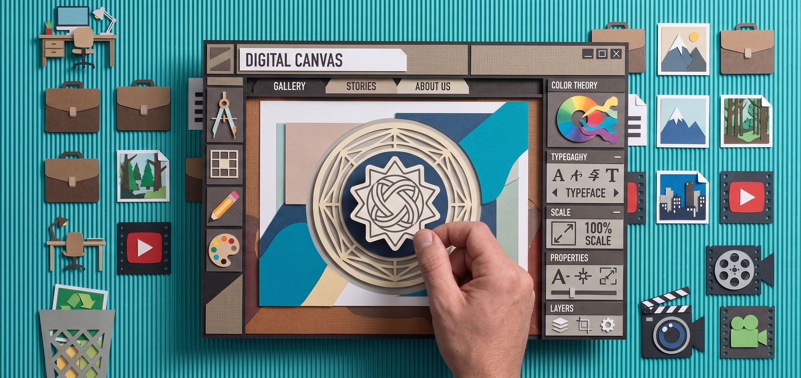 Ilustración en papel recortado de un sitio web en construcción, rodeado de fotos, videos y herramientas de diseño.
