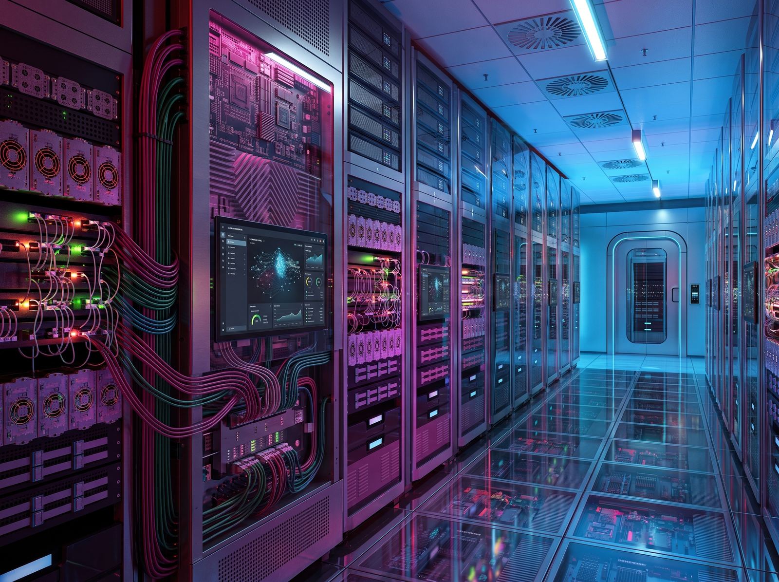 Pasillo de un centro de datos con racks de servidores y paneles de monitoreo encendidos.