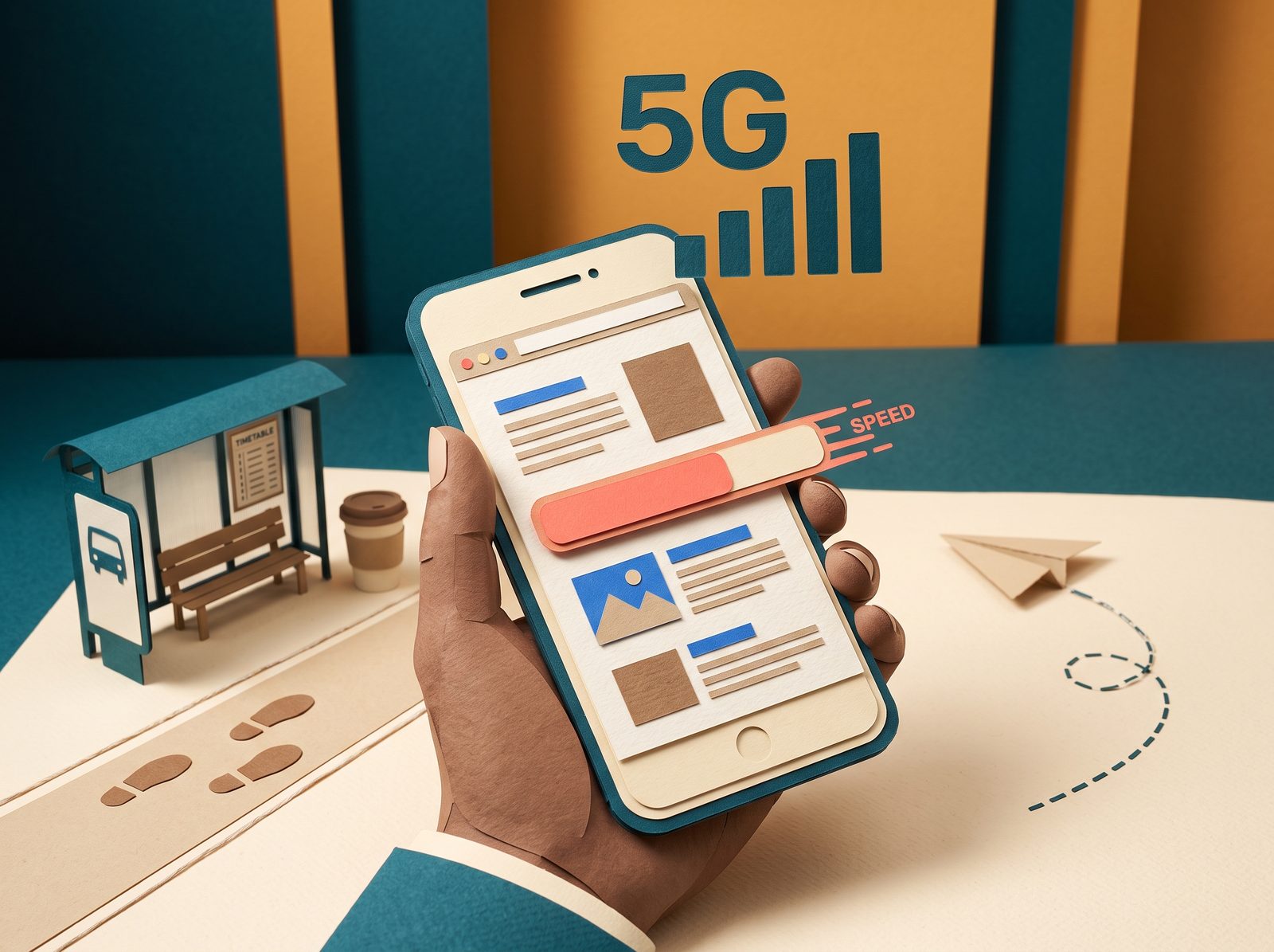 Ilustración en papel recortado de una mano sosteniendo un teléfono que carga un sitio web con buena señal 5G, junto a una parada de autobús que sugiere que la persona está en la calle, no en una oficina.